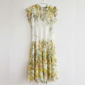 Lulus Monica Ruffle Shoulder Midi Dress – Yellow Floral (XS) NWT